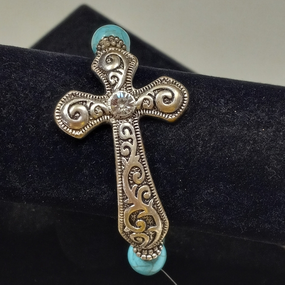 Gypsy Jewels Simulated Turquoise Sideways Silvertone Cross Stretch Bracelet - Picture 2 of 6